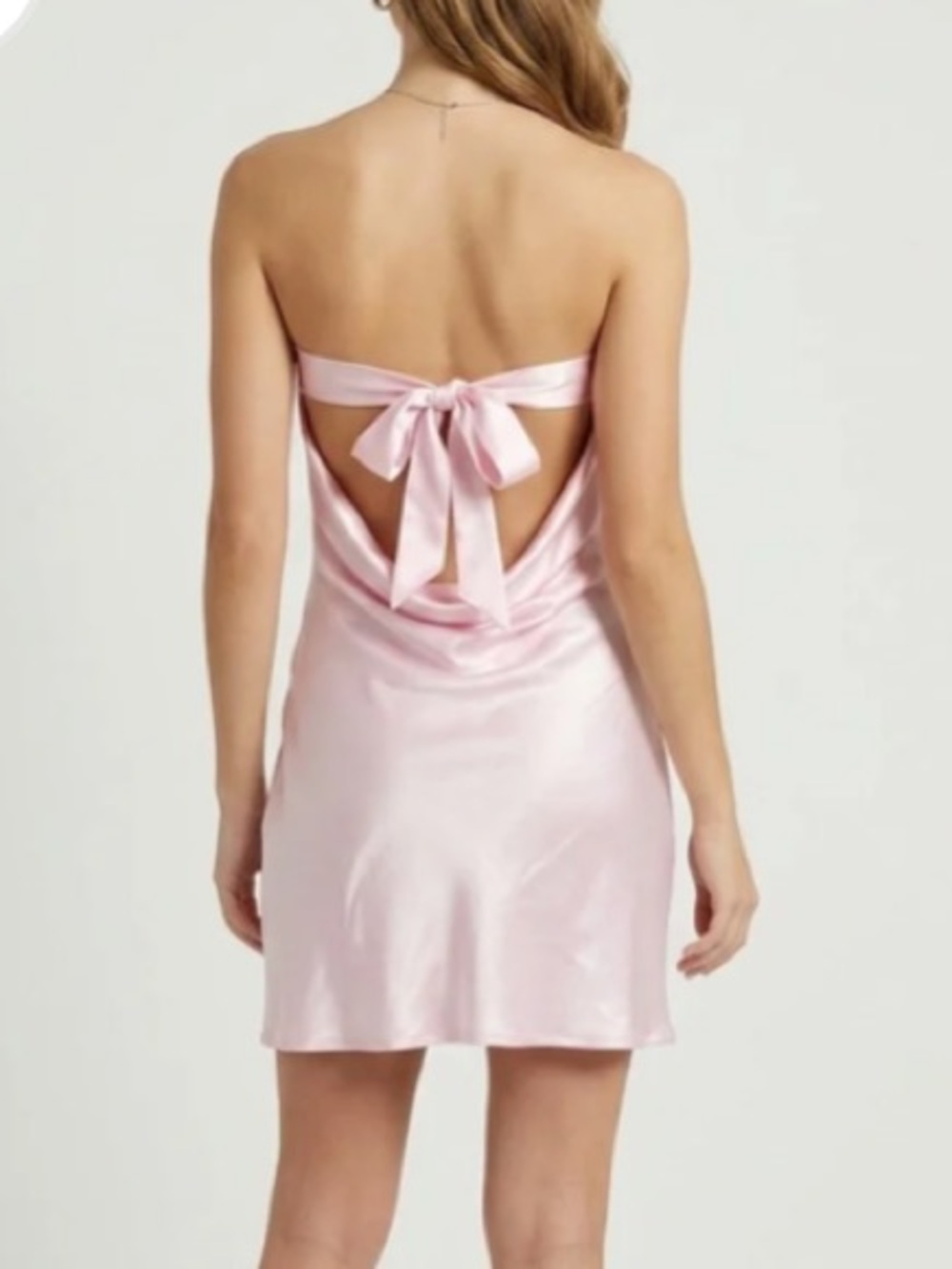 Princess Polly Satin Strapless Mini Dress in Light Pink with Back Bow